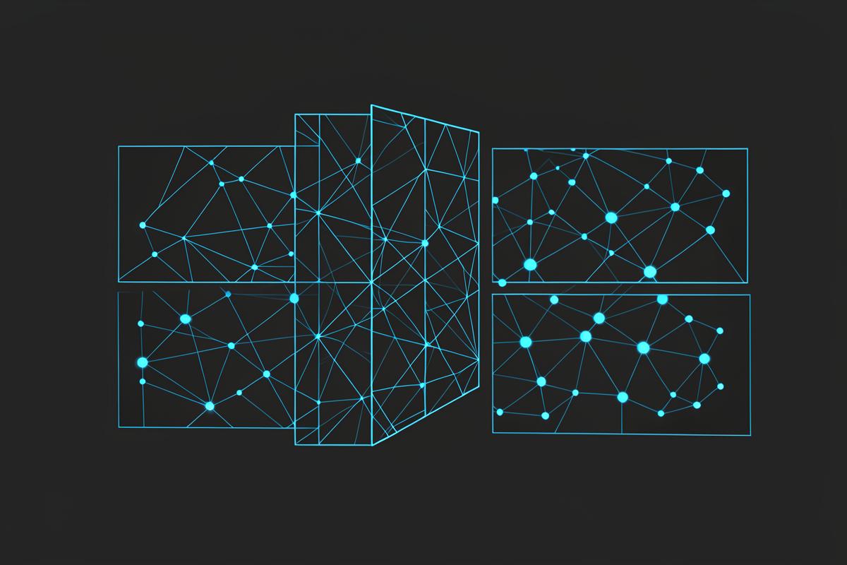 Abstract design wireframe panels connected to a glowing network of nodes