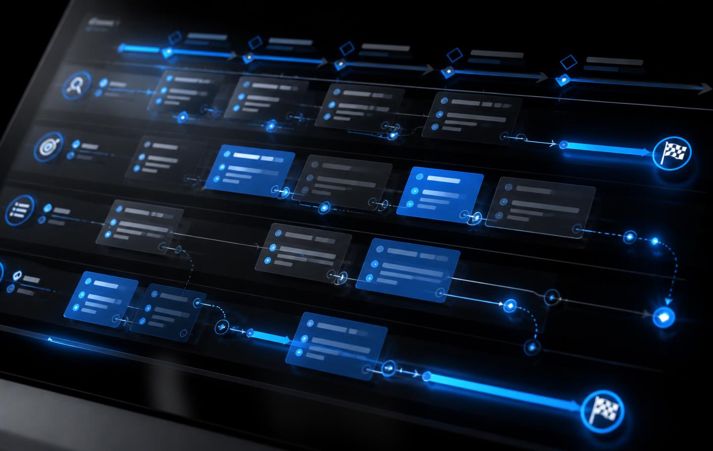 Animated-style product roadmap with milestones, dependencies and releases being assembled